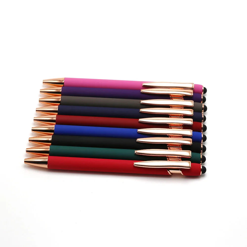 soft finished 2 in 1 promotional pen custom logo ballpoint pen stylus rose gold metal pens with custom logo