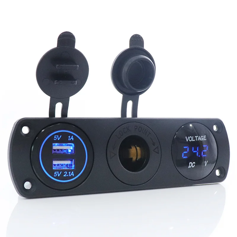 DC 12V-24V Rocker Switch Panel with 12 Volt Dual USB Power Outlet Cigarette Lighter Socket For Boat Marine