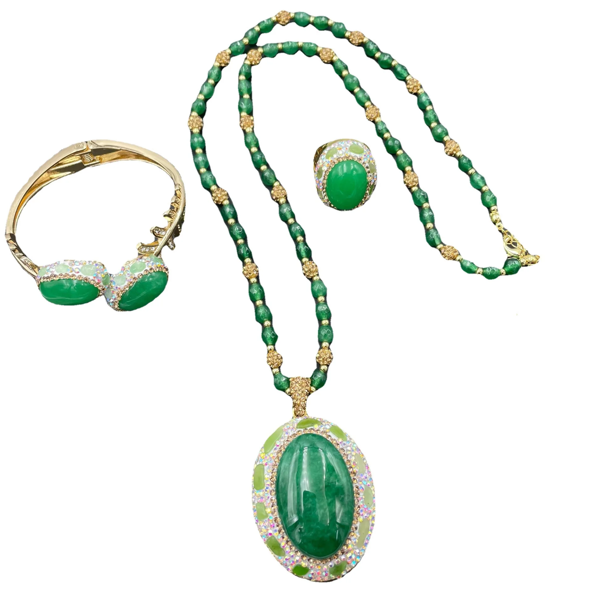 Exquisite Green Jadeite Natural Gemstone Czech Jewelry Set European and American Personalized Light Luxury Style