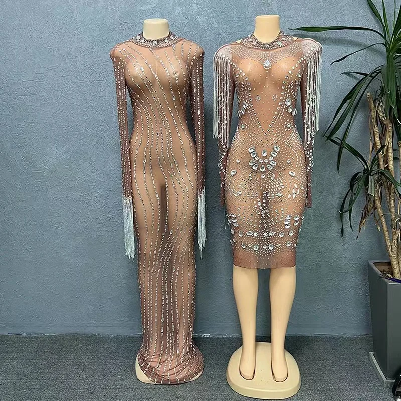 Новое поступление 2023, роскошное вечернее мини-платье J & H со стразами, кисточками и бриллиантами, женское элегантное сексуальное Клубное платье с длинным рукавом