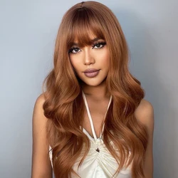 Wholesale Cheap High Quality Brown Color Wigs Heat Resistant Natural Wave Synthetic Hair With Bangs