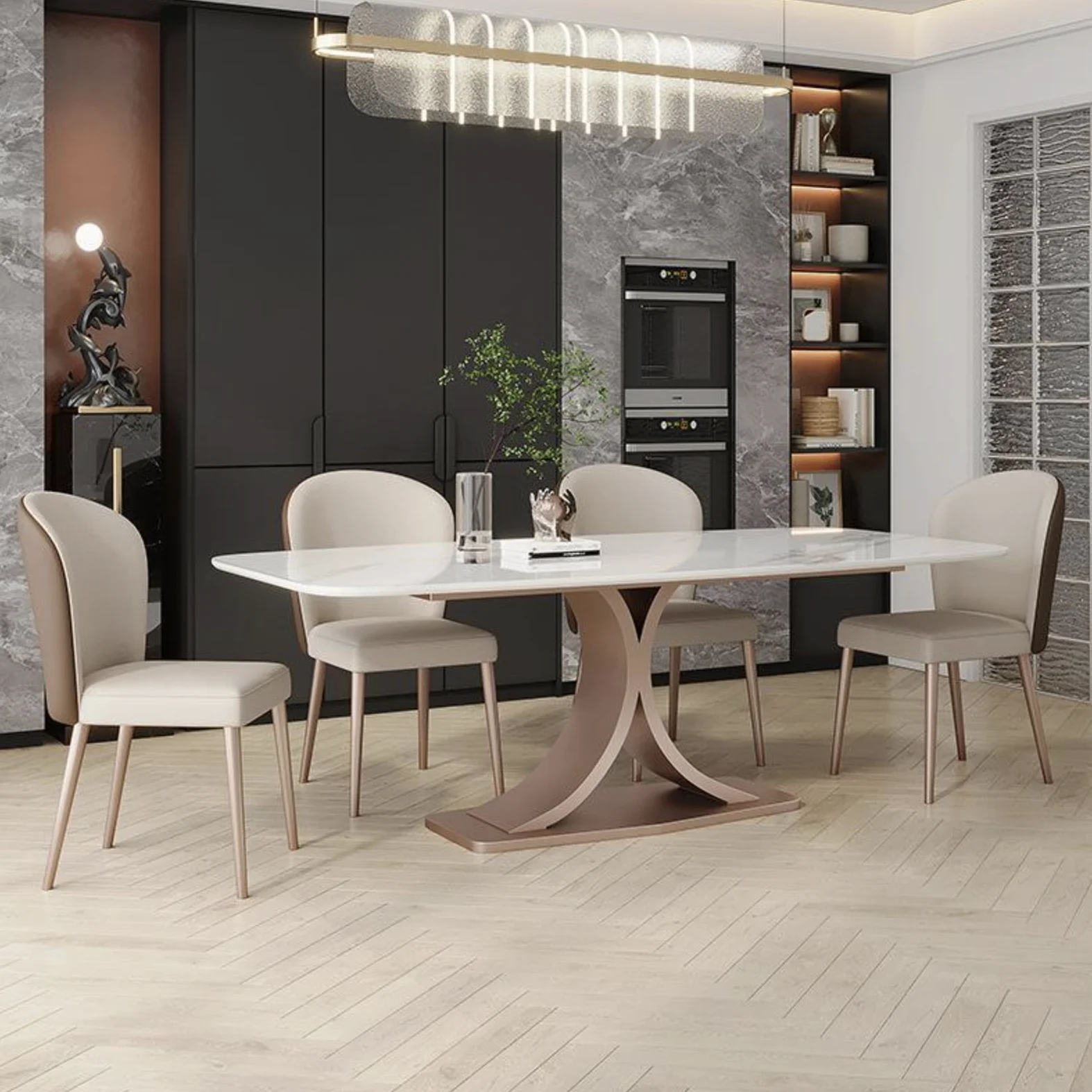 Luxury Modern 6-Seater Dining Table Set with 6 Chairs Sinered Stone 3D Model Design Full Dining Table with Big Slab Stone