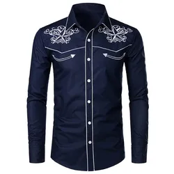 High quality cotton men western embroidered casual long sleeve cowboy shirt