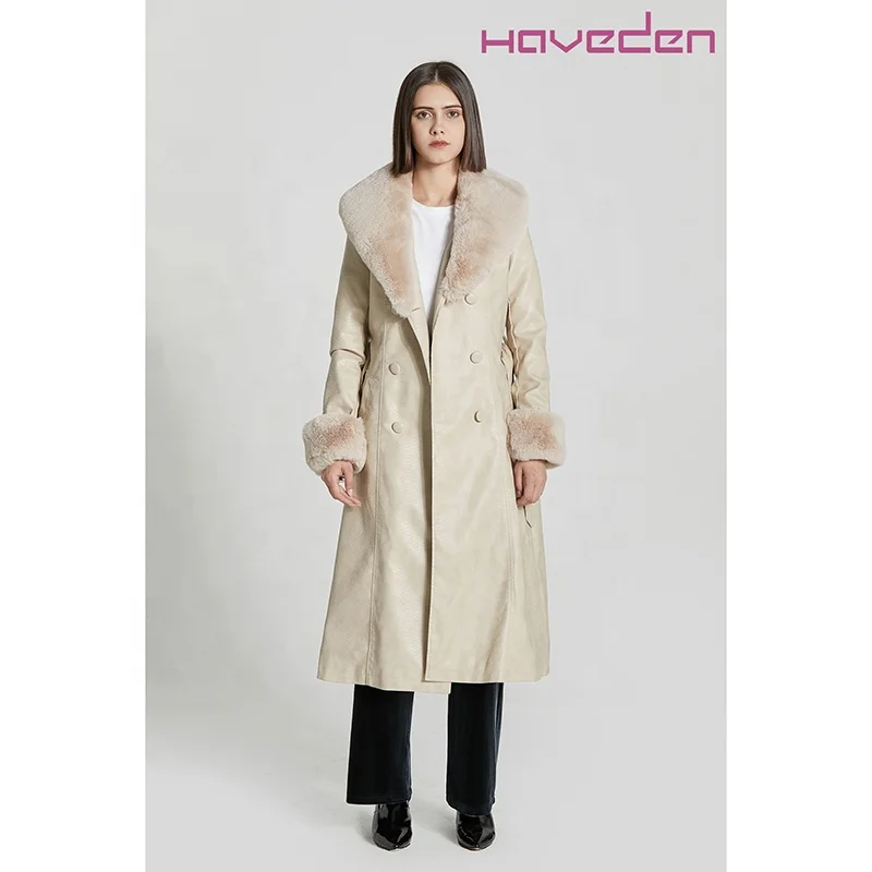 Long Pu coat large fur collar custom belt design winter jacket warm  ladies jacket