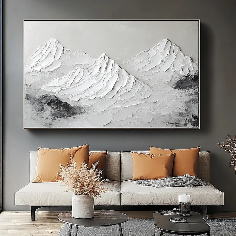 Handmade Knife Plaster Artwork Minimalist 3D White Mountain Landscape Painting Textured Wall Art