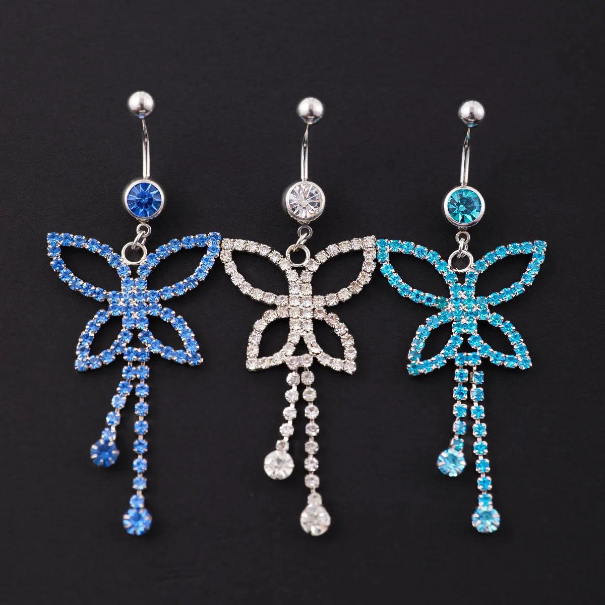 Fine Blue Cz Tassels Butterfly Navel Nail Stainless Steel Colorful Zircon Hollowed Out Butterfly Belly Button Piercing Jewelry