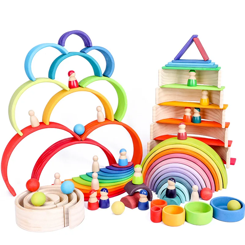 
Hot Sale Wooden montessori 12Pcs wooden rainbow blocks wooden building blocks Kid nesting puzzle wooden stacking rainbow 