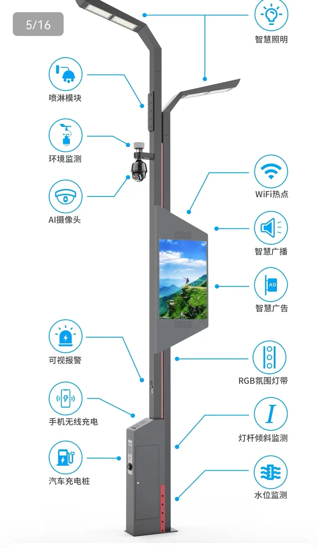 Наружная Водонепроницаемая китайская фабрика Wifi камера Rfid Sos и Usb порт Smart Light Pole для продажи