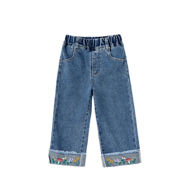 Spring and Autumn New Cute Casual Pants for Girls, Solid Color Cowboy Wide Leg Pants for Girls