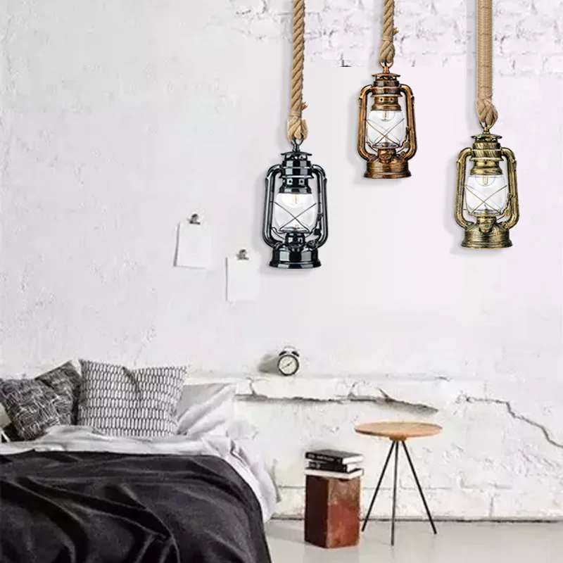 Kerosene Ceiling Light Fixture With Glass Shade Hemp Rope Vintage Pendant Lantern for Kitchen Island Farmhouse Loft Porch