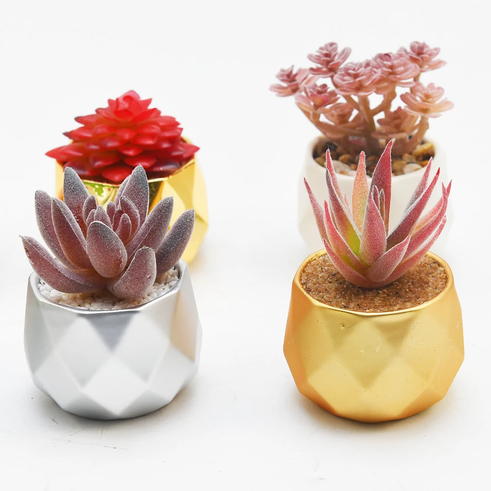Wholesale custom wedding daily decoration artificial flowers succulents ceramic potted plants, small mini fake plants bonsai