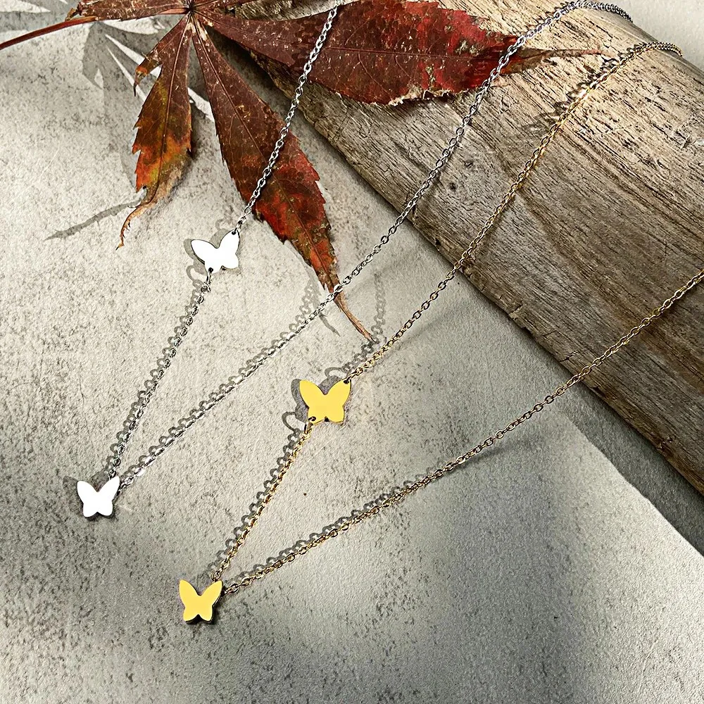 Hot Statement Gold Choker Stainless Steel Double Heart Butterfly Pendant Necklace for Women Non Tarnish Steel Butterfly Necklace