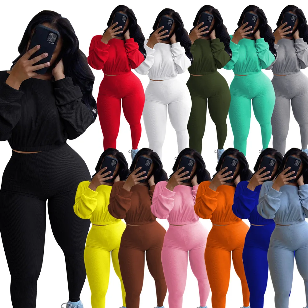 Женские трикотажные спортивные костюмы с длинным рукавом, осенняя спортивная одежда с резьбой, пуловер, укороченный топ + брюки, комплект из 2 предметов