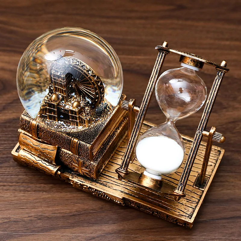 Retro Tower Hourglass Sand Timer Fantasy Crystal Ball Glowing Music Box Home Decoration Craft Student Gift