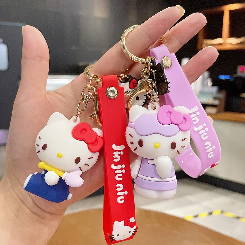 Cute cartoon kt cat girl creative bag ornaments school bag small pendant silicone doll car chain ring keychain wholesale