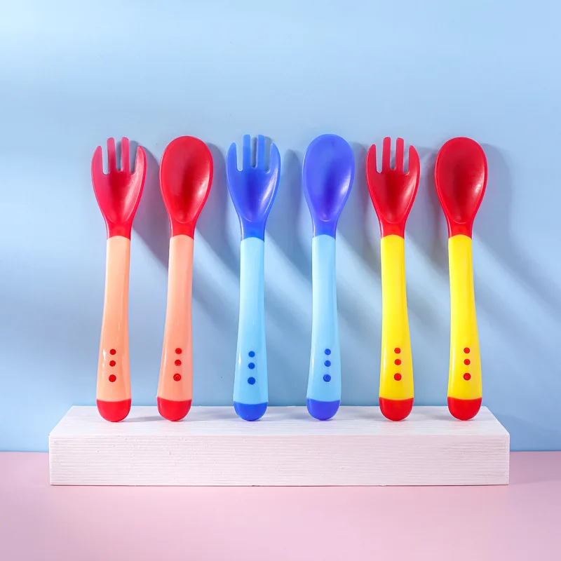 Temperature Color Changing Plastic Spoons Fork Soft Head Baby Feeding Soup Spoon Temperature Sensor Spoon For Babies