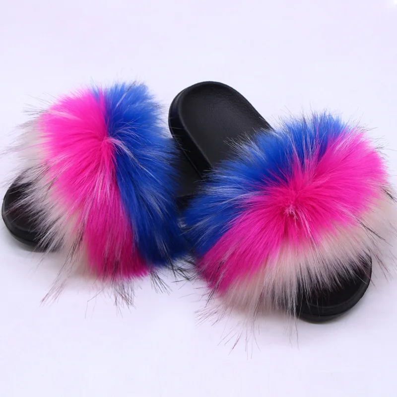 
Hot Sale Rubber Sole Matching Color Imitation Fox fur Fur Slippers 