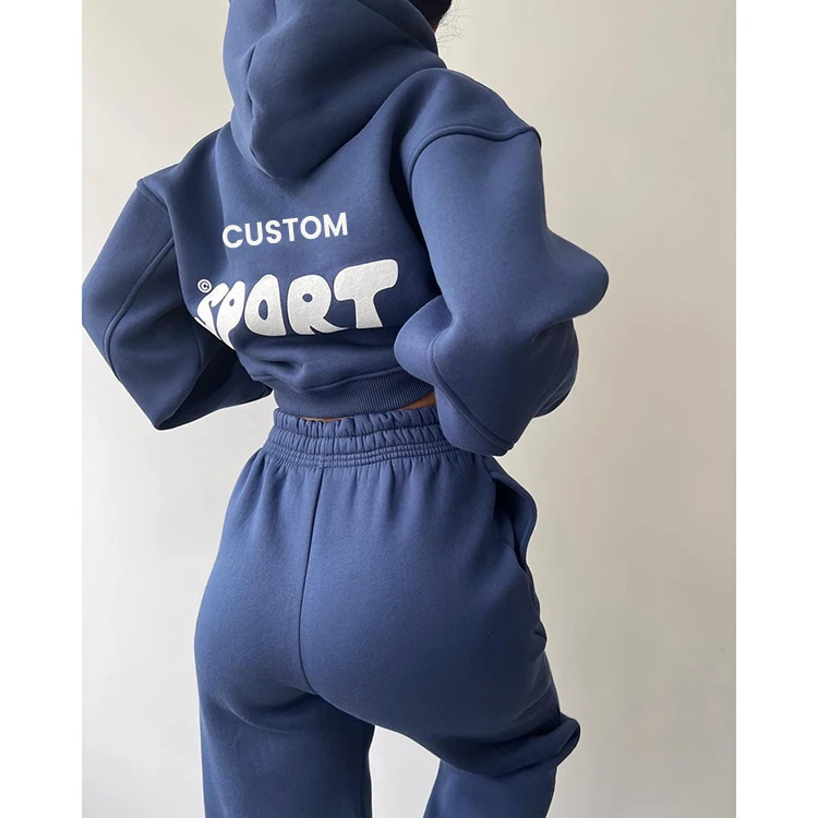 Wholesale custom puff printed drawstring fleece cropped hoodie set pour femmes hoodie oversized hoods and sweatshirts for women
