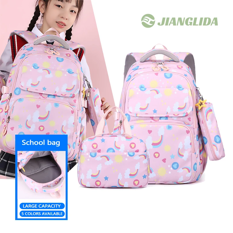 JIANGLIDA 2024 latest Nylon children mochila escolar infantil backpack lunch bag 3in1 cute cartoon school bag set for kids girls