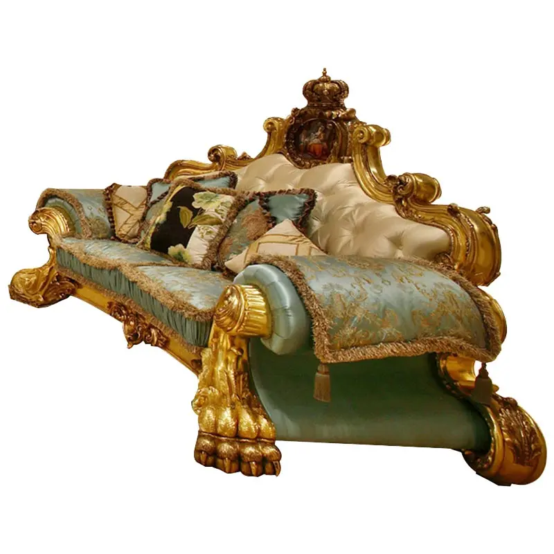 Gold Royal red fabric Sofa set living room furniture Hand carved solid wood luxury wooden classical sofa