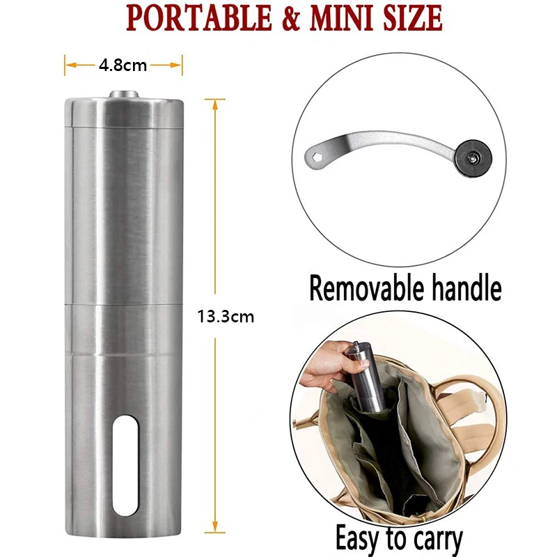  Изготовленный на заказ логос портативная керамическая мельница из цельной фасоли нержавеющая сталь ручная кофемолка со съемной ручкой