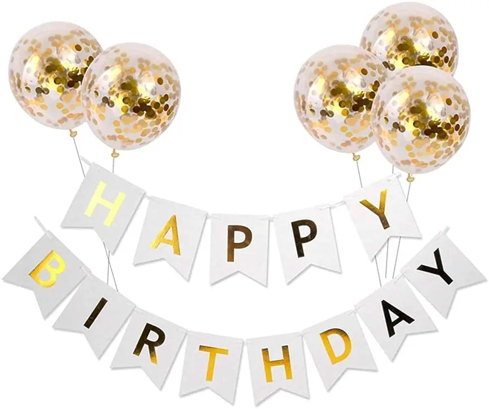 Black WhitePink Happy Birthday Banner Bunting with 5 Gold Confetti Latex Balloons Perfect for Birthday Party Decorations