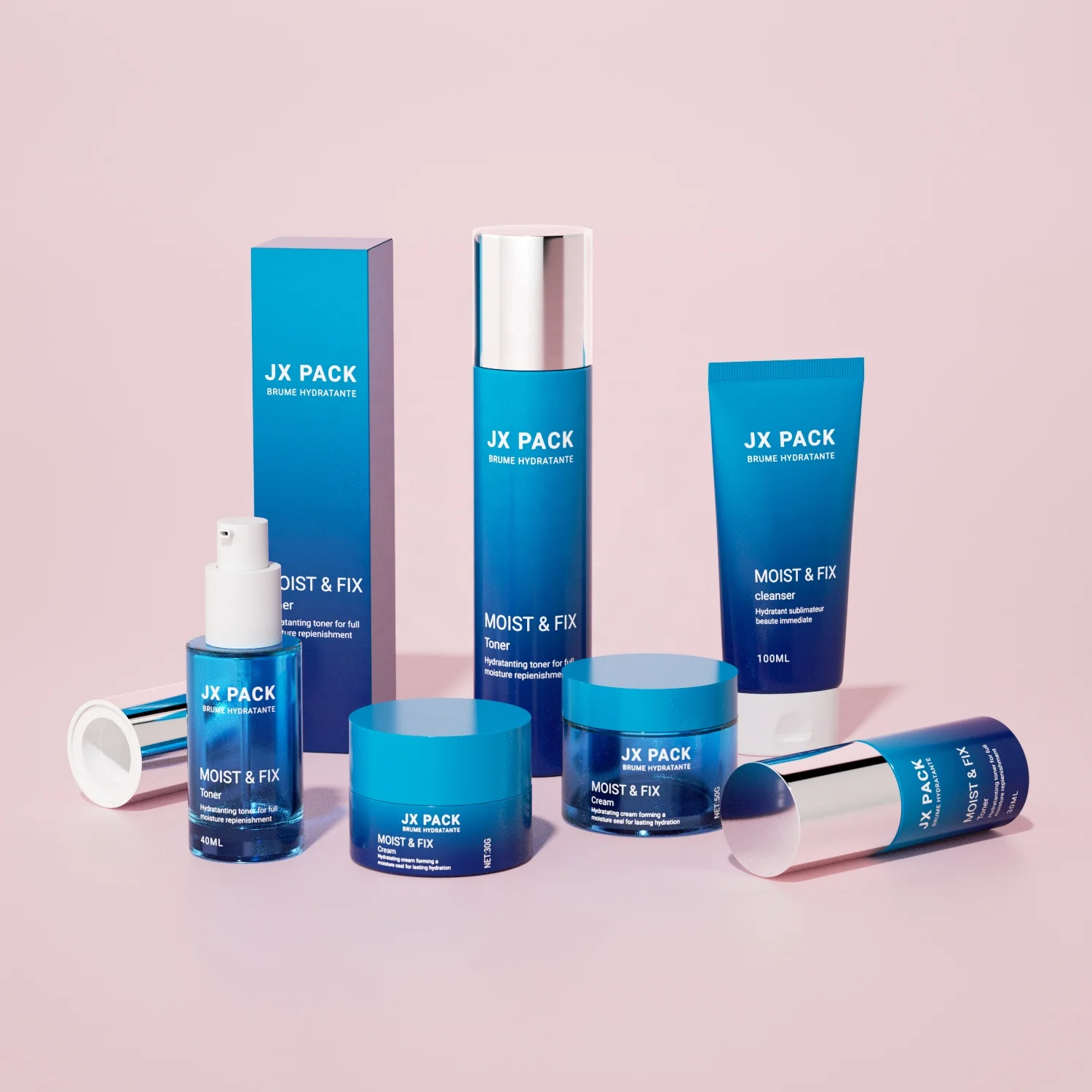 wholesale luxury skincare cosmetic set bottle blue cosmetic lotion bottle cream jar glass bottle for cosmetics liquid packaging