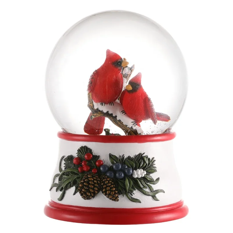 Custom Animal Snow Globe Red Birds Water Globe Blowing Snow Plant Pattern White Base Home Decoration Souvenir Resin Snow Globe