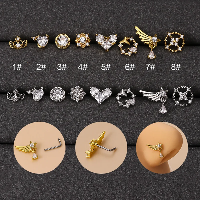 YW 316L Surgical Stainless Steel CZ Angel Wings Dangle Nose Studs Colorful Indian Screw Nose Rings Nose Piercing Jewelry