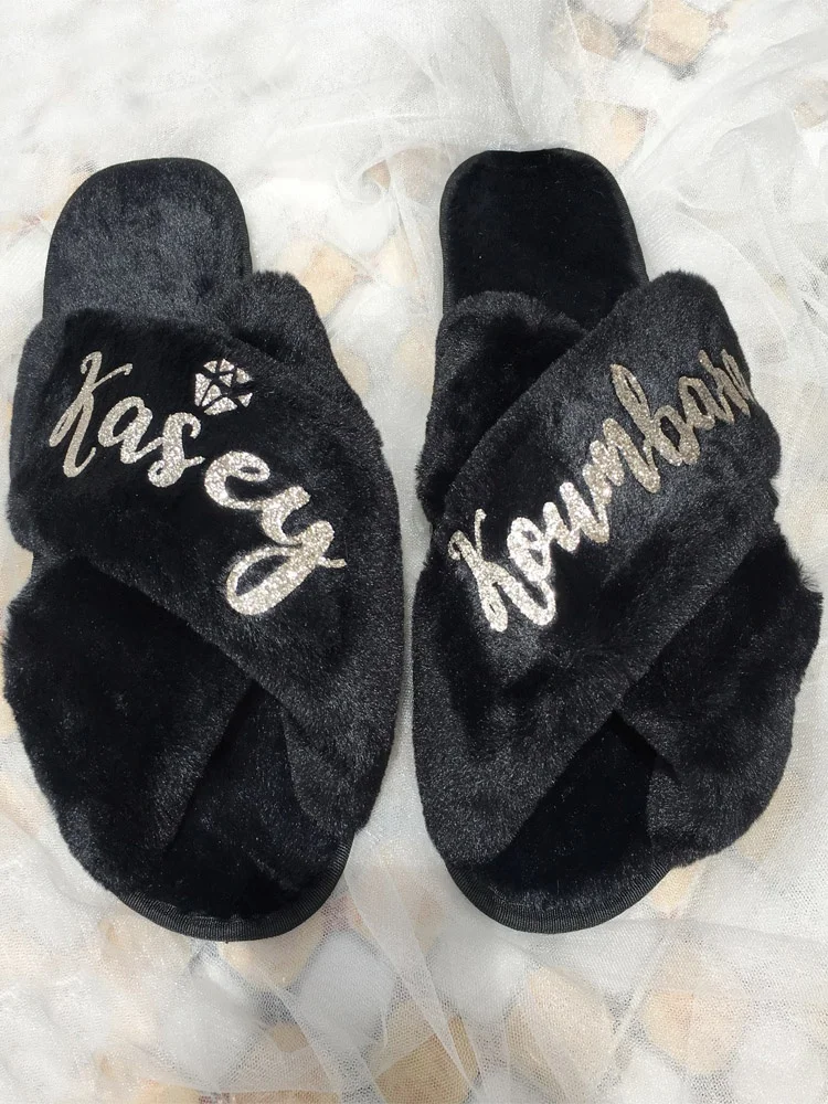 Customized Glitter Text  Plush Flurry Slippers For Wedding Bride Bridesmaid Proposal