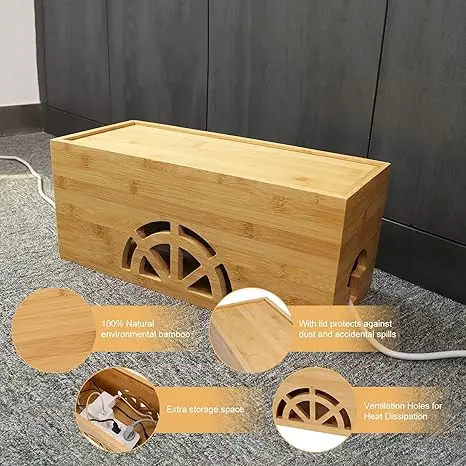 Factory Supply Home Wooden Magnetic Large & Small Bamboo Cord Organizer Cable Management Box  To Hide Wires