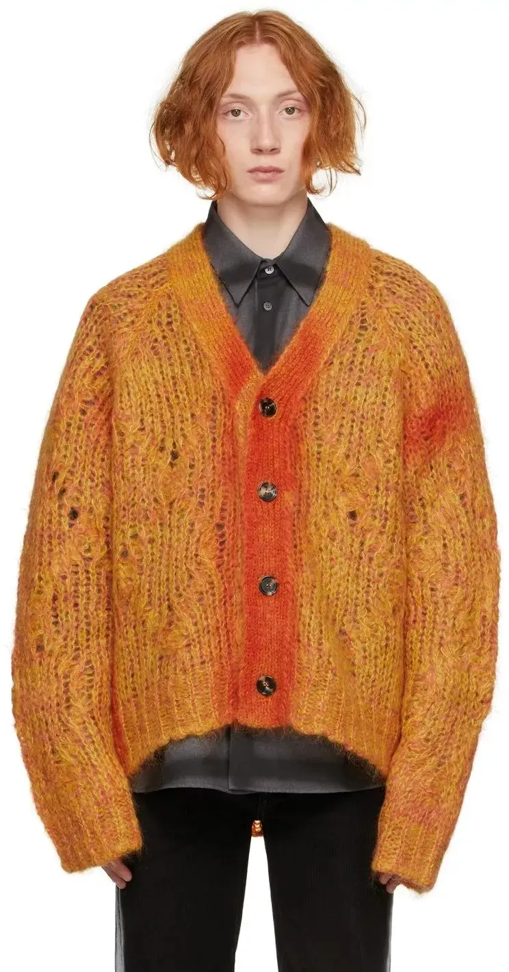 OEM Long Sleeve Knit Winter Striped Mohair Blend Cardigan Sweater Men Mohair Fuzzy Knitwear