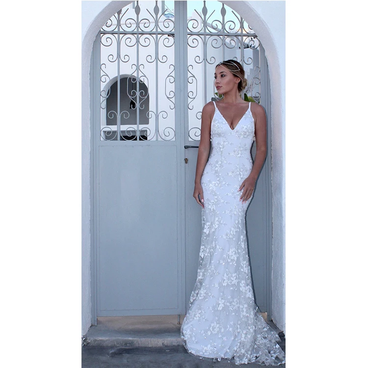 
Floral Embroidery Lace Prom Dress Elegant Floor Length Bridal Gowns Sexy Womens White Wedding Dress 