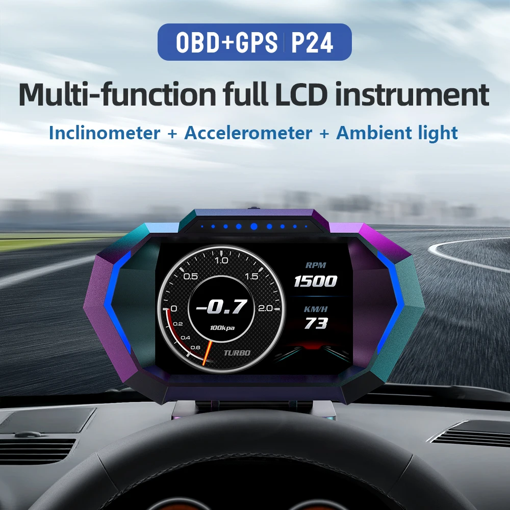 P24 Car Head-Up Display HUD LCD OBD GPS Speedometer LED Display Type for Water Temperature Fuel Consumption Speed Motorcycles