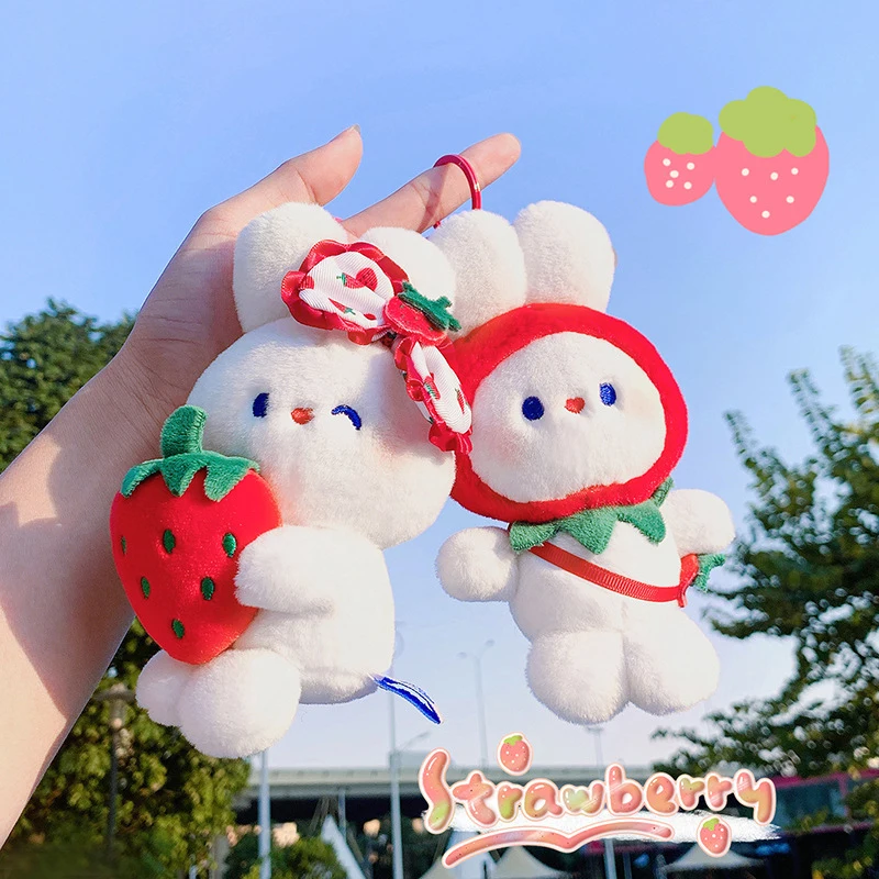 .Wholesale Customized Plush Animal Toy Pendant Creative Cartoon Strawberry Rabbit Plush Doll Keychain  christmas gift ideas