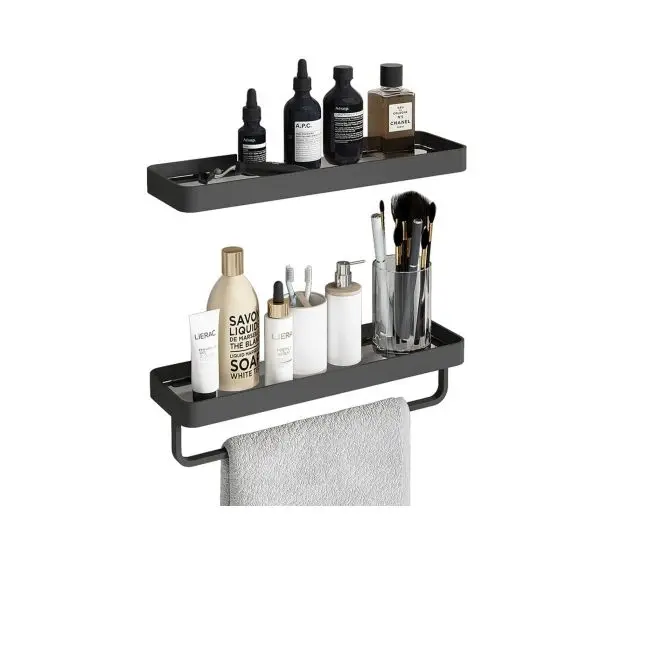 Black 2 Tier Glass Bathroom Shelves Wall Mounted Floating Shelves for Bathroom Wall Storage Organizer