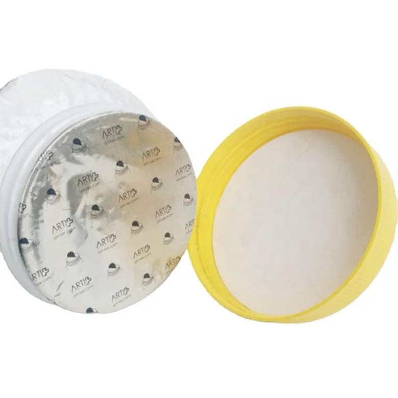 Aluminum foil induction seal wads in lids caps closures with pull tabs and printed logos