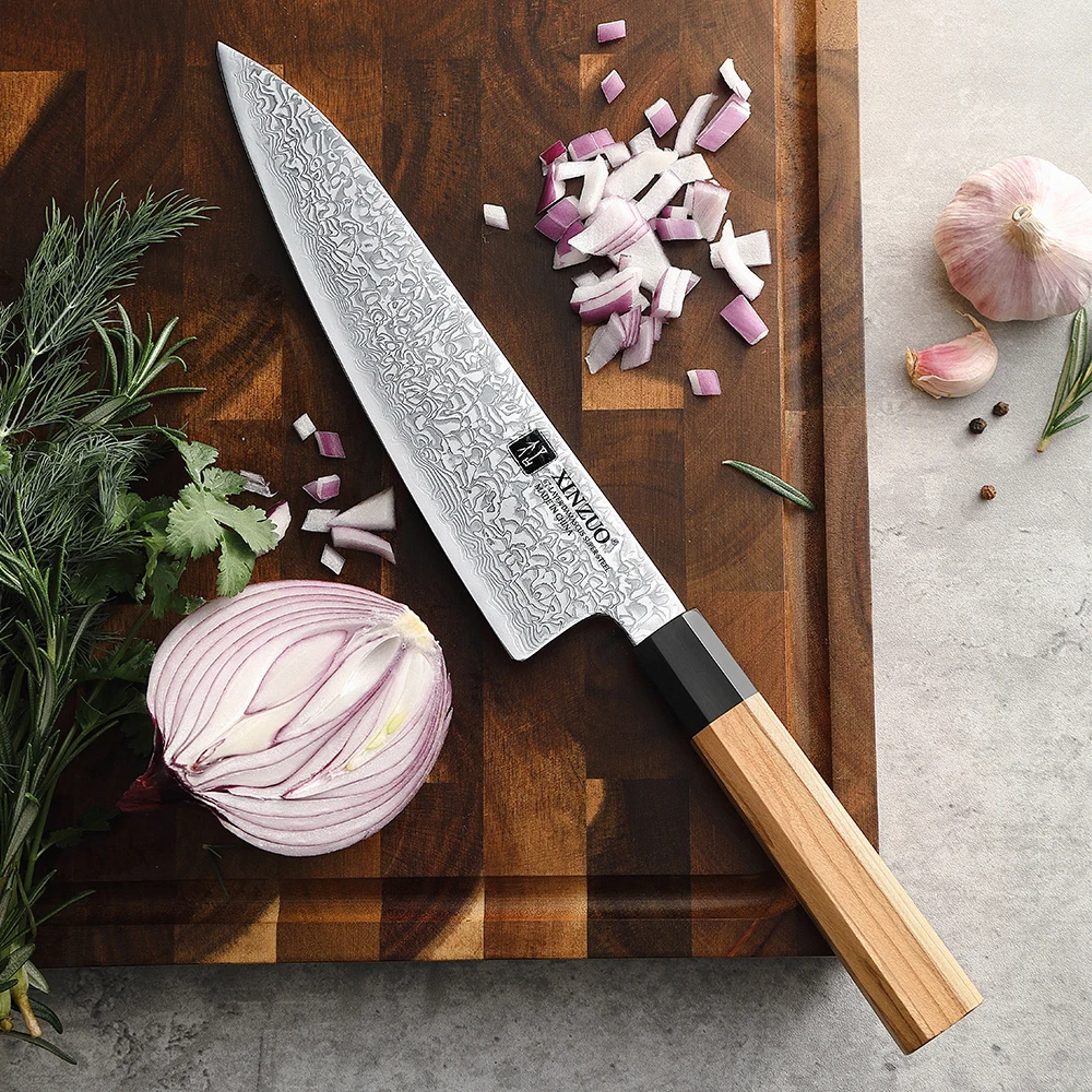 XINZUO New Custom Damascus Steel Chef Knife with Japanese Octagonal Olive Wood Buffalo Horn Handle Kitchen Knives