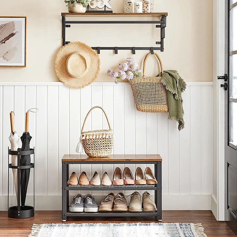 Modern Furniture Steel Frame 2-Tier Shoes Rack Bench Wooden Top Board Entryway Sturdy Shoes Storage Racks