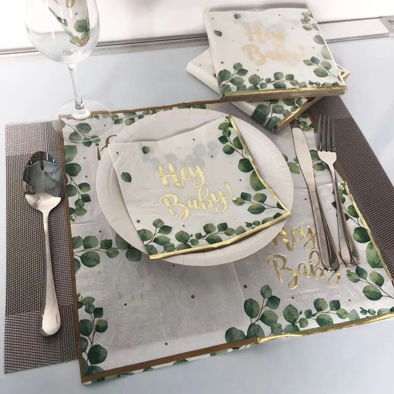 Green leaf gold foil printed paper napkins for decoupage hand towels disposable cutlery set with napkin