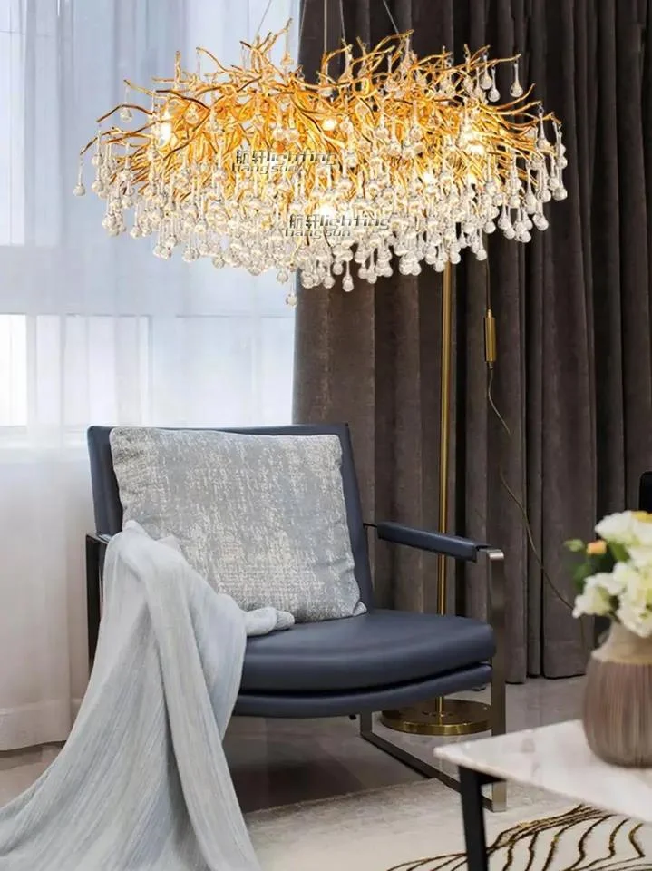 Modern hotel living room golden luxury crystal ceiling chandeliers aluminium pendant lights