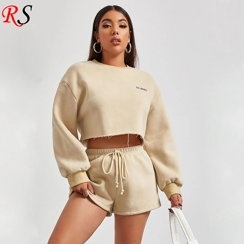 Ruisheng Garment Custom Logo New 2021 Crop Top Hoodies Shorts Women Jogger Set 2 Pieces