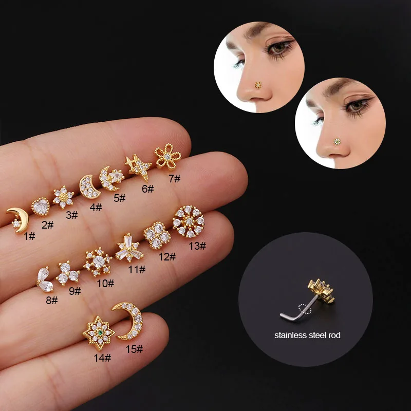 New Gold  L-Shaped 316 Stainless Steel Bar with Copper CZ Nose Rings for Women Nose Stud Piercing Jewelry