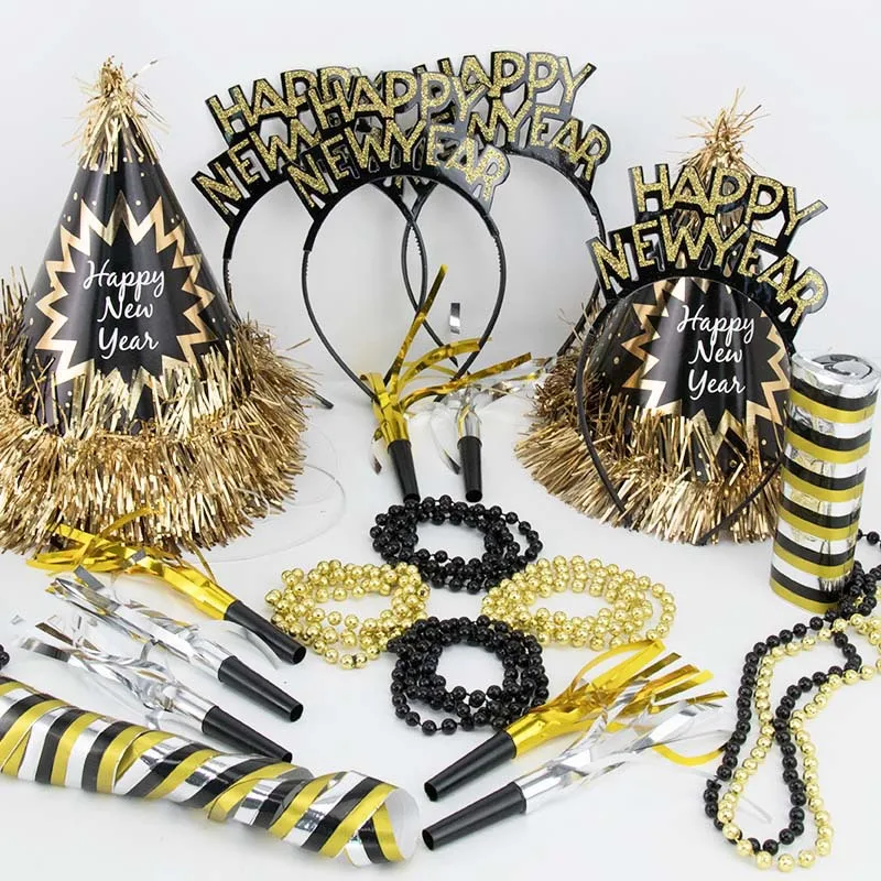 2025 New year Group Hat Decoration New year Black Gold Color Necklace Paper Hat Head Hoop Blowing Dragon Suit Party Supplies
