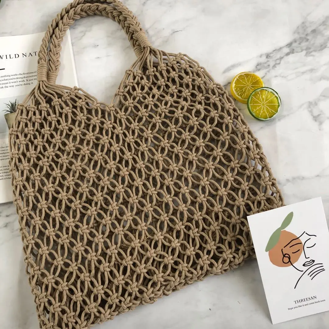 High Quality Knit High Capacity Luxury Hollow out Grid Wholesale Straw Beach Bags Rattan Beach Bag Tote Beach Bag