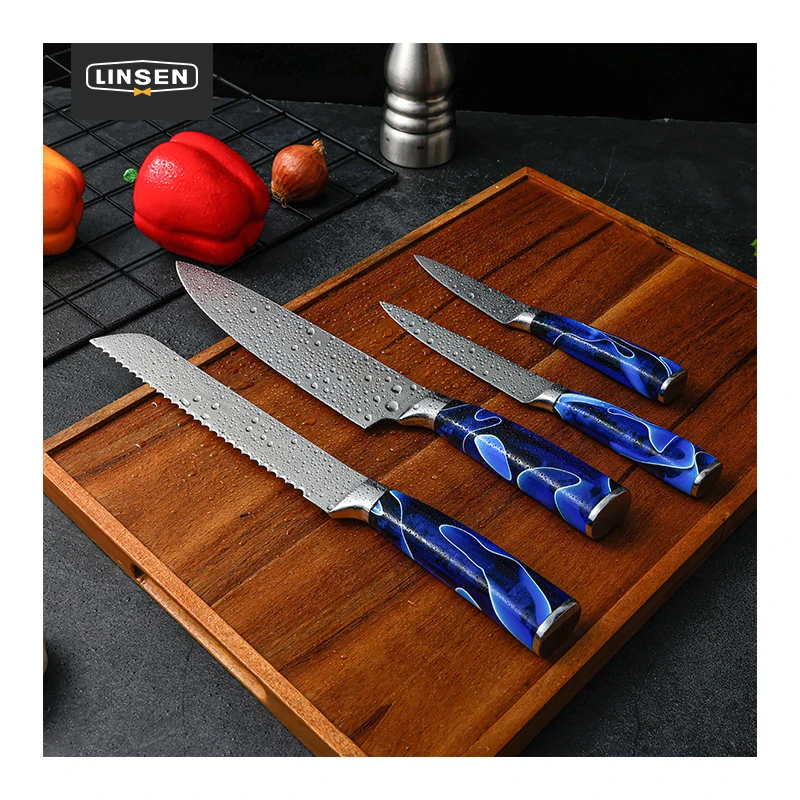4 Pcs Multifunctional Chef Cooking Steak Cheese Knife Blue Resin Handle High Carbon Damascus Stainless Steel Kitchen Knives Sets