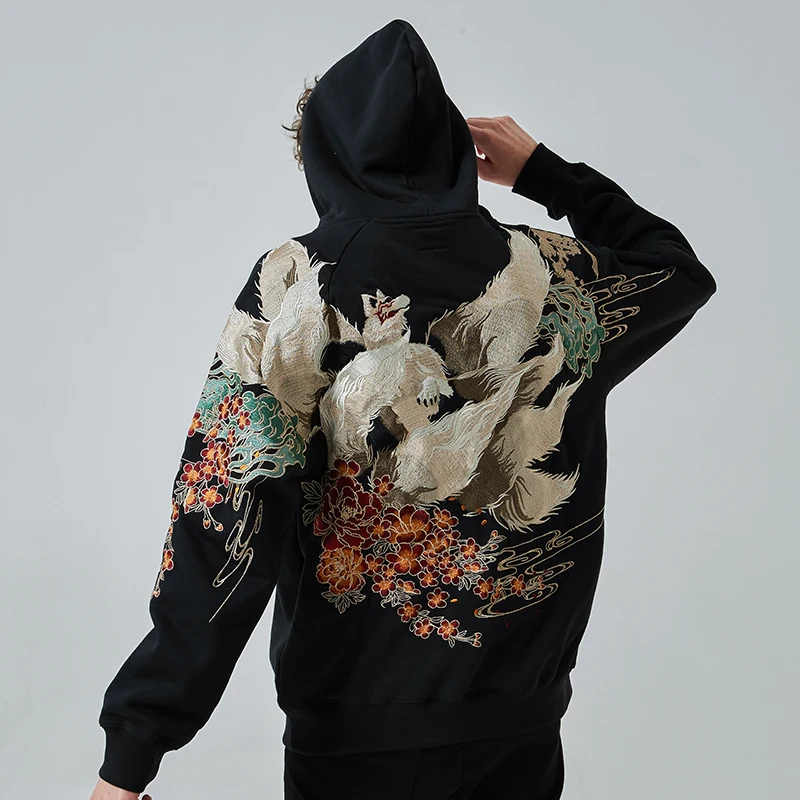 Japanese Style Yokosuka Ukiyo-e Embroidery Nine-tailed Fox Personality Plus Velvet Hooded