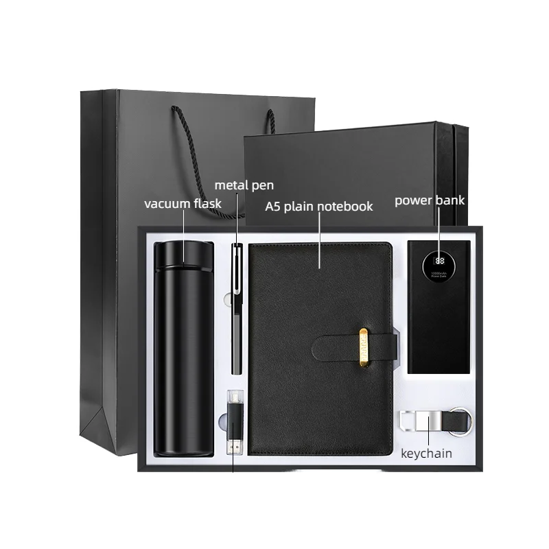 OEM 10000mah Power Bank Key Chain A5 Plain Notebook & Pen 32G USB Flash Drive & Vacuum Flask-6 in 1 Christmas Gift Set