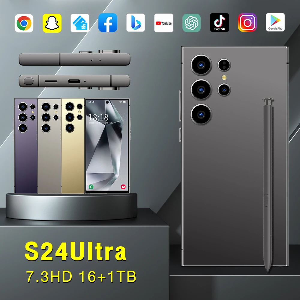 2025 Ultra 5G S24 Smart Phone Android 14 Hot Selling S Pen Facial Recognition Fingerprint Unlock LTE 4K Mobile English Operating