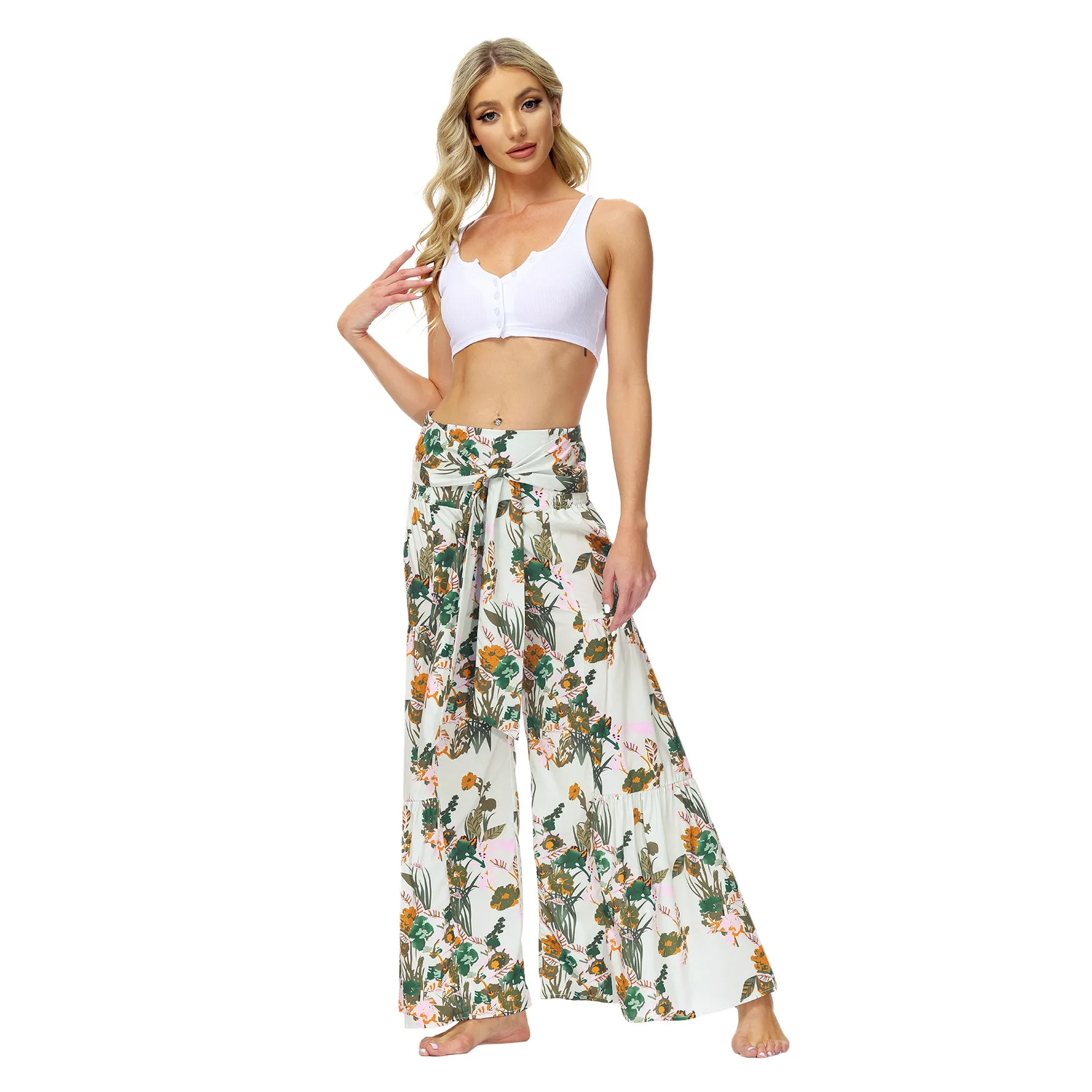 Europe and the United States new printed retro all-match loose temperament high-waist flared wide leg pant woman